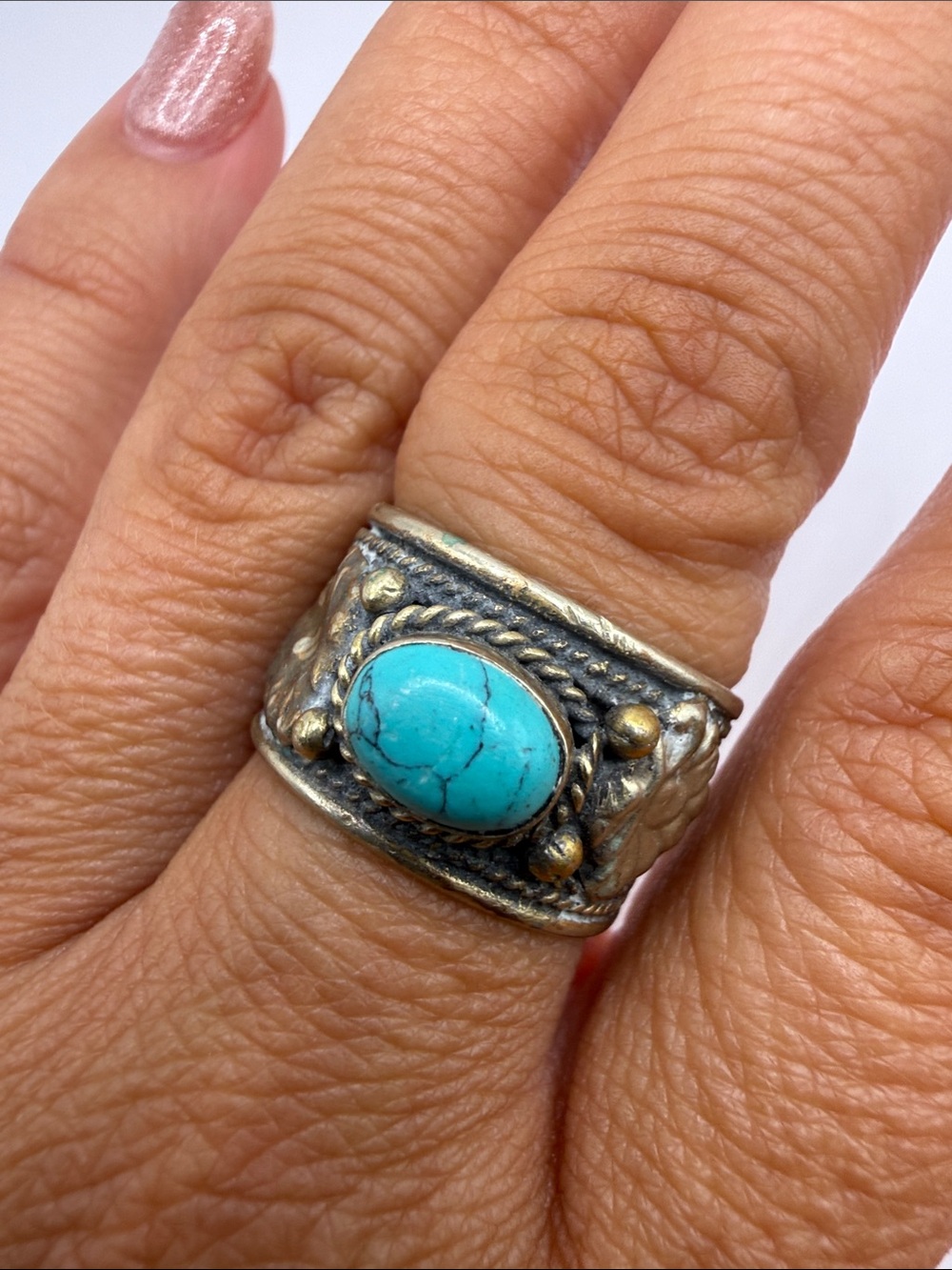 Vintage Southwestern Silver Gold Tone Turquoise Blue Cocktail Statement Ring 6.5